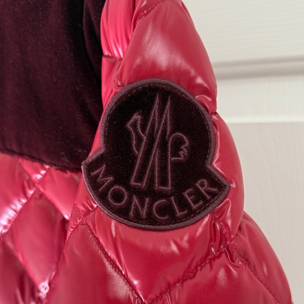 Moncler Quilted Red Hooded Goose Down Jacket w/Burgundy Velvet Accents & Trim - Picture 2 of 13
